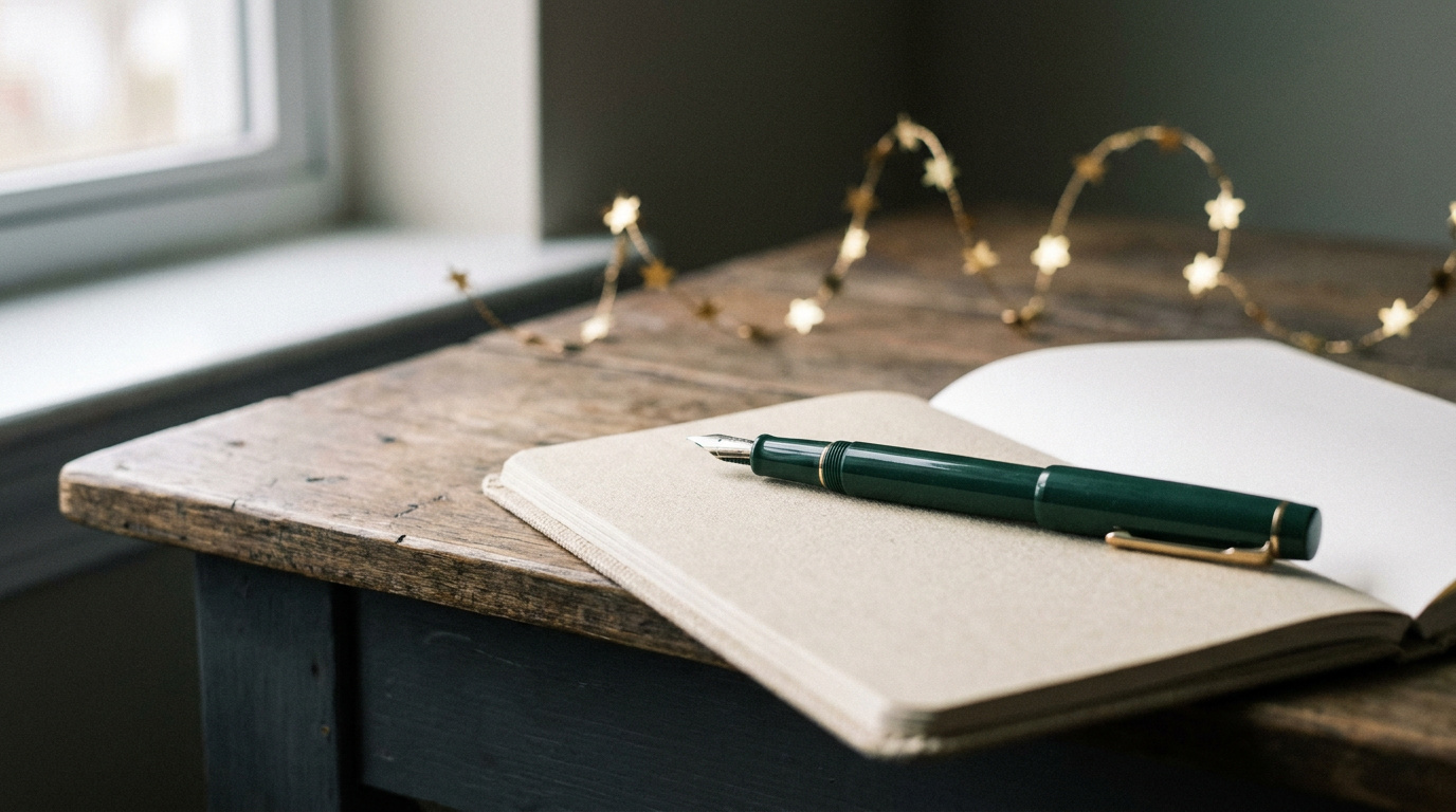 An open notebook with a dark green fountain pen resting on the page, warm daylight from a nearby window, evoking a thoughtful written response.