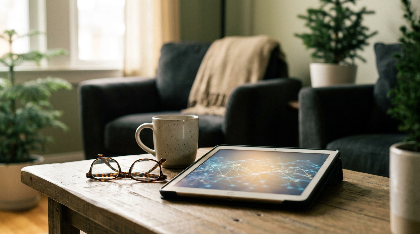 A tablet on a rustic wooden coffee table displaying a glowing AI network graphic, next to reading glasses and a ceramic mug in a warm senior living lounge.