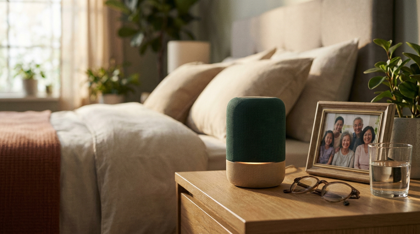 A green fabric smart speaker on a nightstand beside a framed family photo, reading glasses, and a glass of water in a warm senior living bedroom.