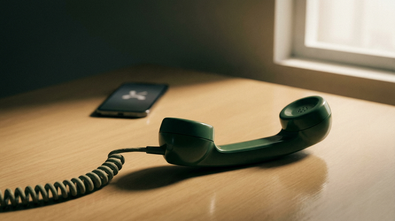 A vintage green telephone handset resting on a wooden desk beside a silenced smartphone, symbolizing missed senior living inquiries.