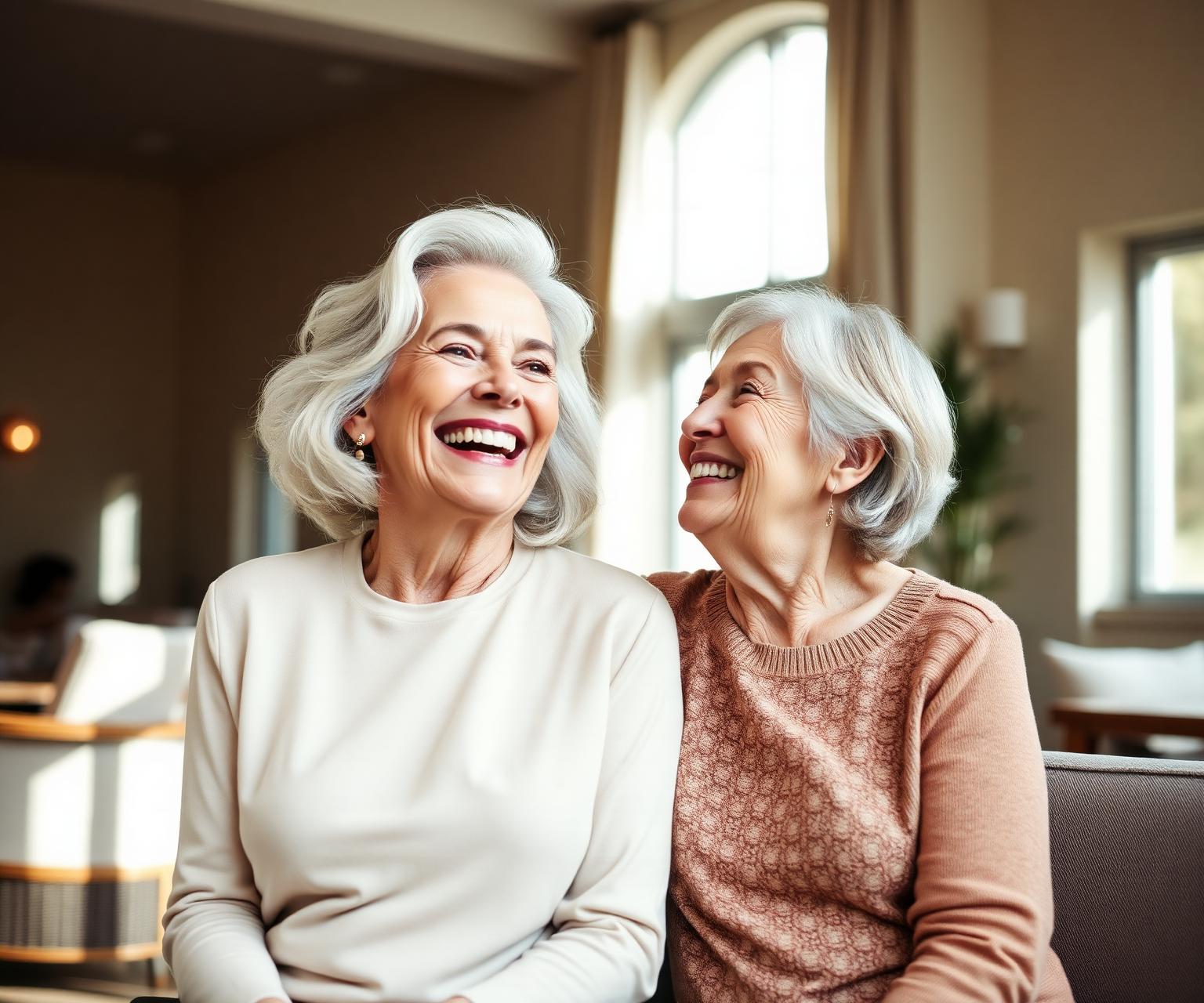 A joyful senior resident laughing with her adult daughter in a warm, sunlit community lounge